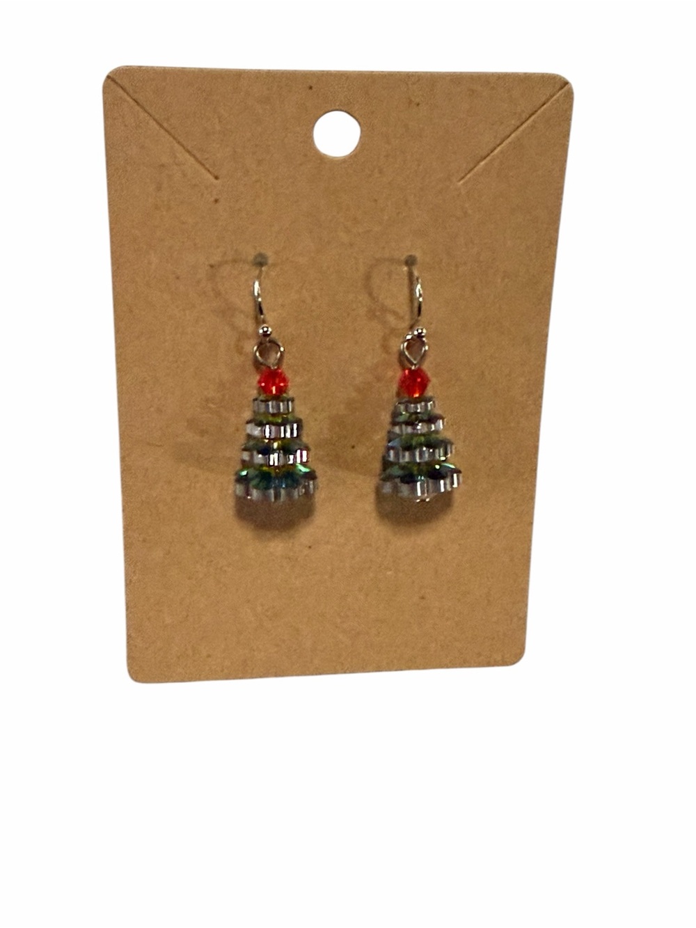 Beaded Christmas Tree Dangle Earrings - Silver Green Red